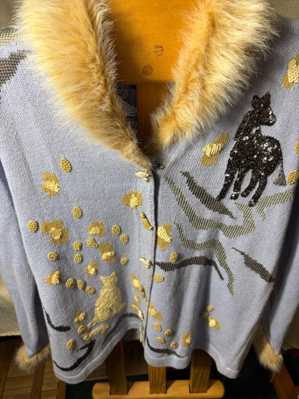 Storybook Knits beautiful cat sweater with faux fur collar and cuffs